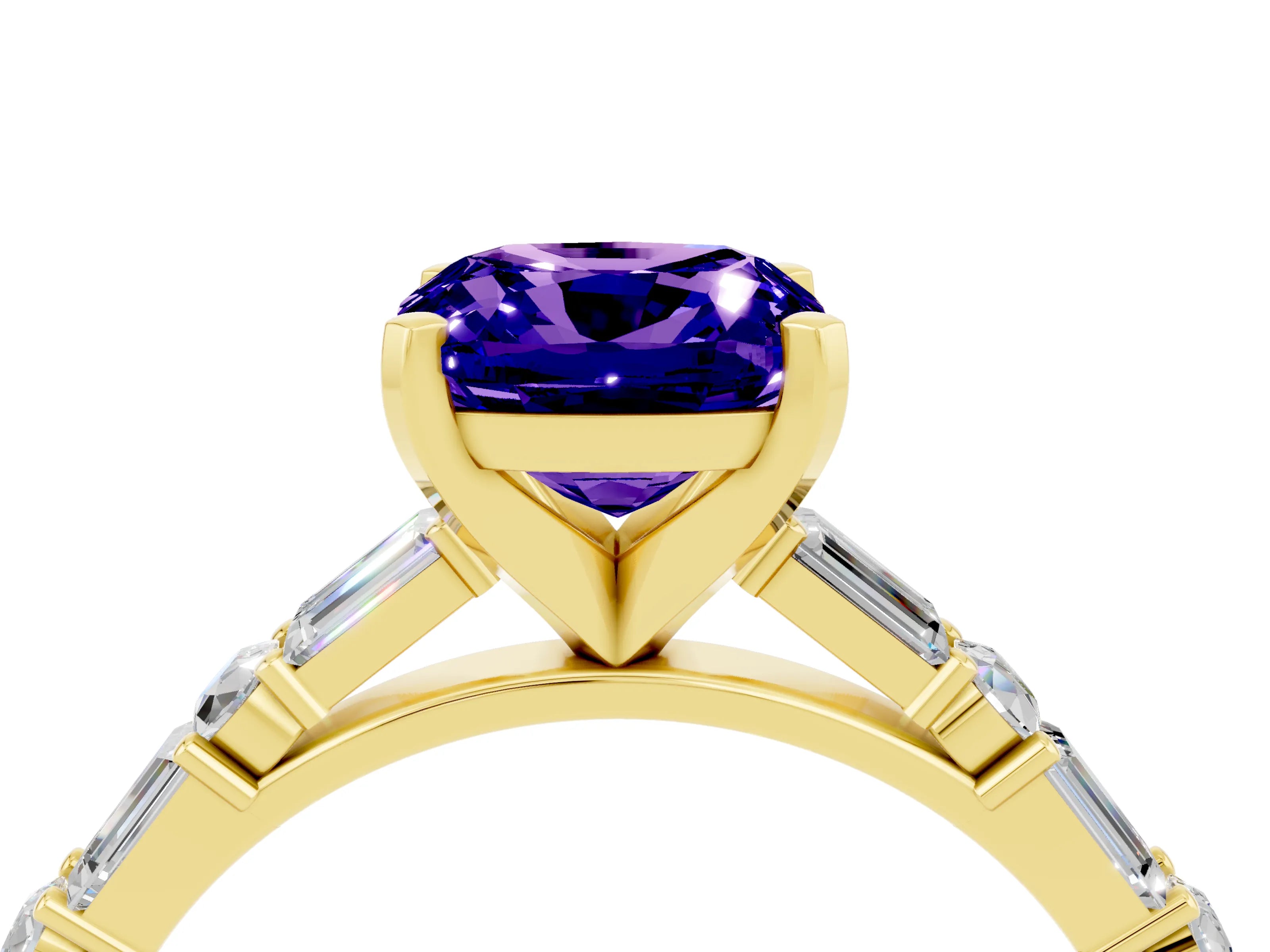 Yellow gold Cushion Cut Tanzanite Solitaire with Side Baguettes and Channel Set Band_4