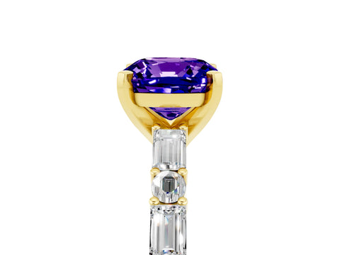 Yellow gold Cushion Cut Tanzanite Solitaire with Side Baguettes and Channel Set Band_5