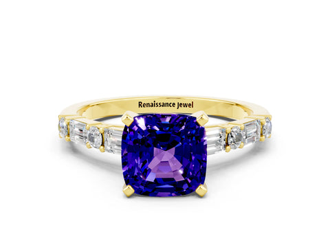 Yellow gold Cushion Cut Tanzanite Solitaire with Side Baguettes and Channel Set Band