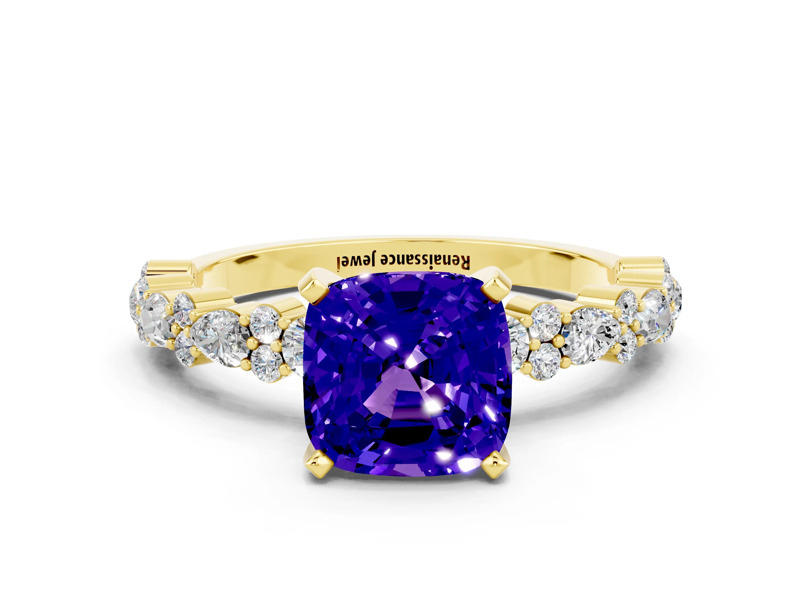 Yellow gold Cushion Cut Tanzanite Solitaire with Side Stones, Pave Band, Four-Prong Setting_36