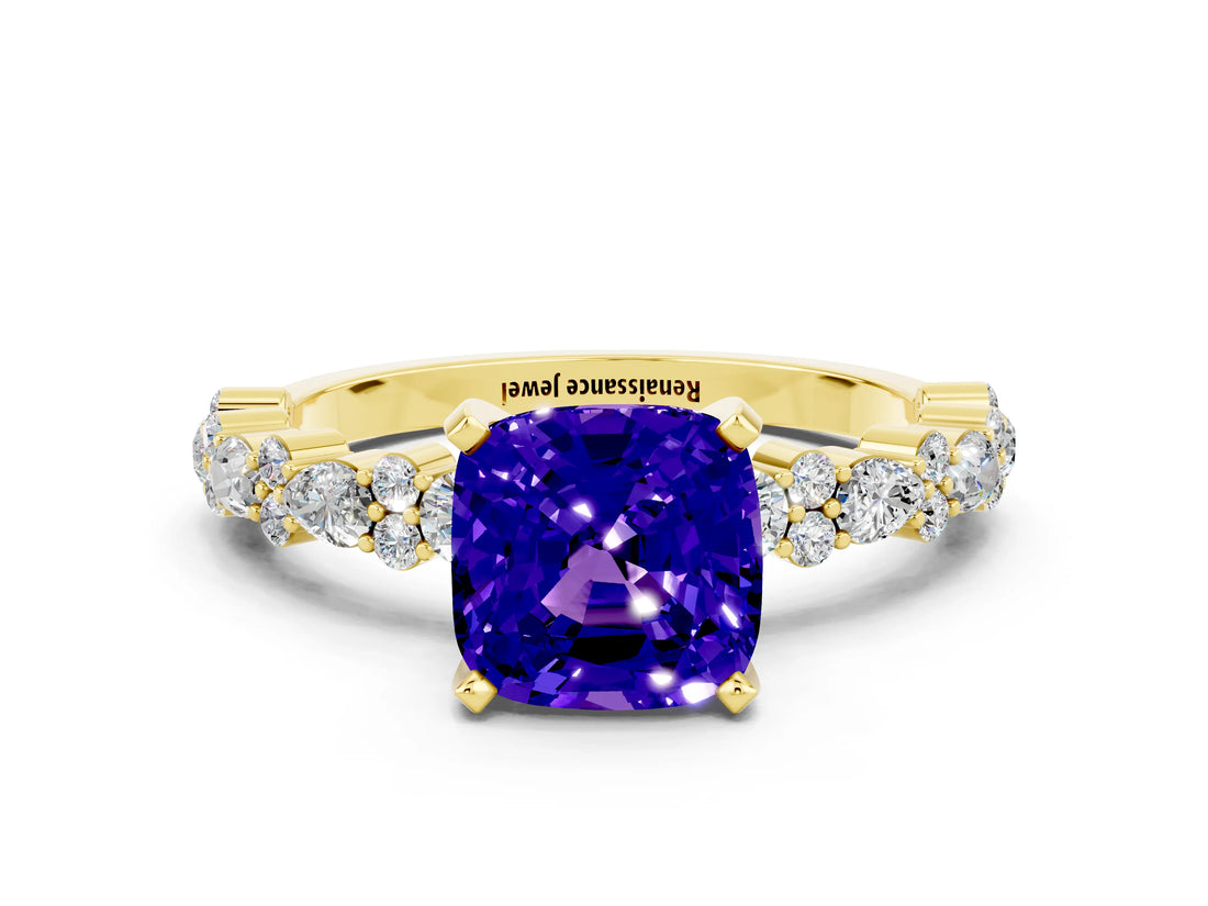 Yellow gold Cushion Cut Tanzanite Solitaire with Side Stones, Pave Band, Four-Prong Setting_36