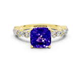 Yellow gold Cushion Cut Tanzanite Solitaire with Side Stones, Pave Band, Four-Prong Setting_36