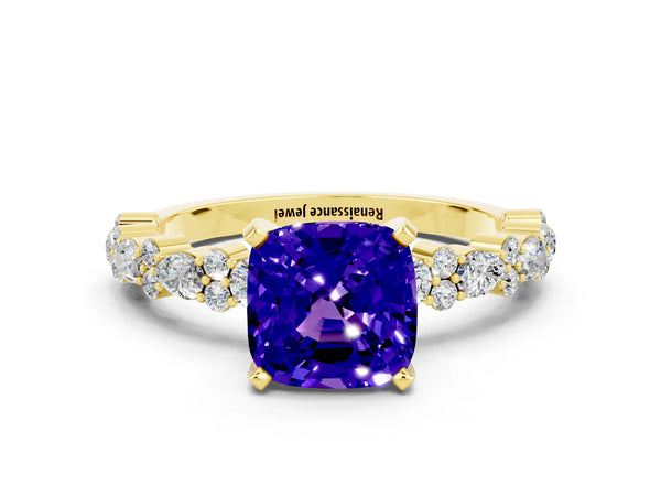Yellow gold Cushion Cut Tanzanite Side Stone Solitaire Ring with Round  and Four-Prong Setting