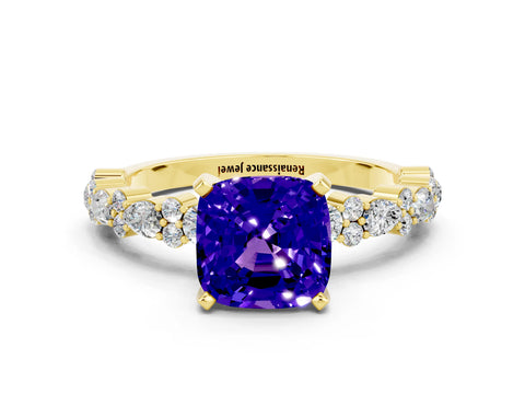 Yellow gold Cushion Cut Tanzanite Solitaire with Side Stones, Pave Band, Four-Prong Setting_36