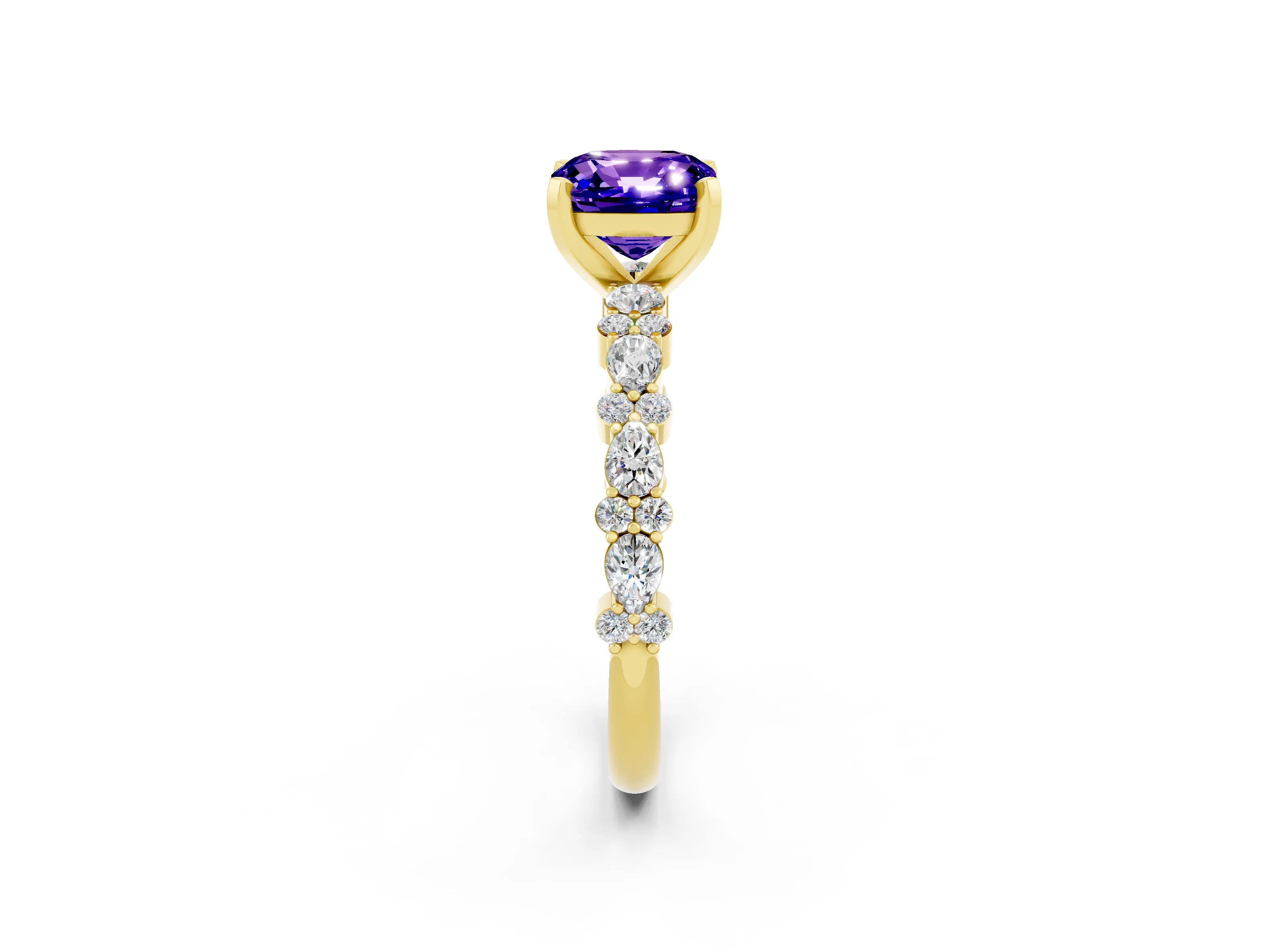 Yellow gold Cushion Cut Tanzanite Solitaire with Side Stones, Pave Band, Four-Prong Setting_38