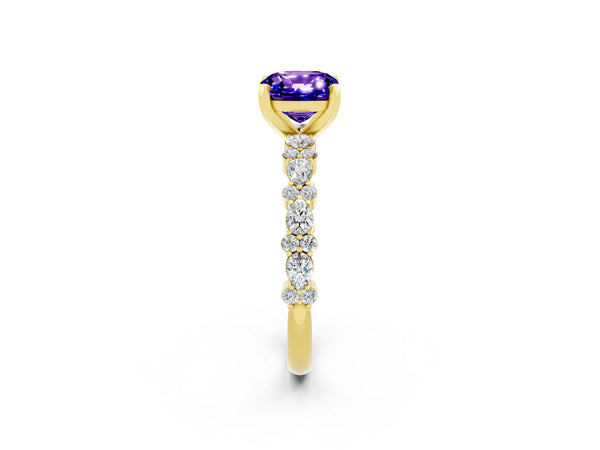 Yellow gold Cushion Cut Tanzanite Side Stone Solitaire Ring with Round  and Four-Prong Setting