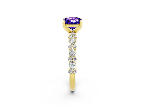Yellow gold Cushion Cut Tanzanite Solitaire with Side Stones, Pave Band, Four-Prong Setting_38