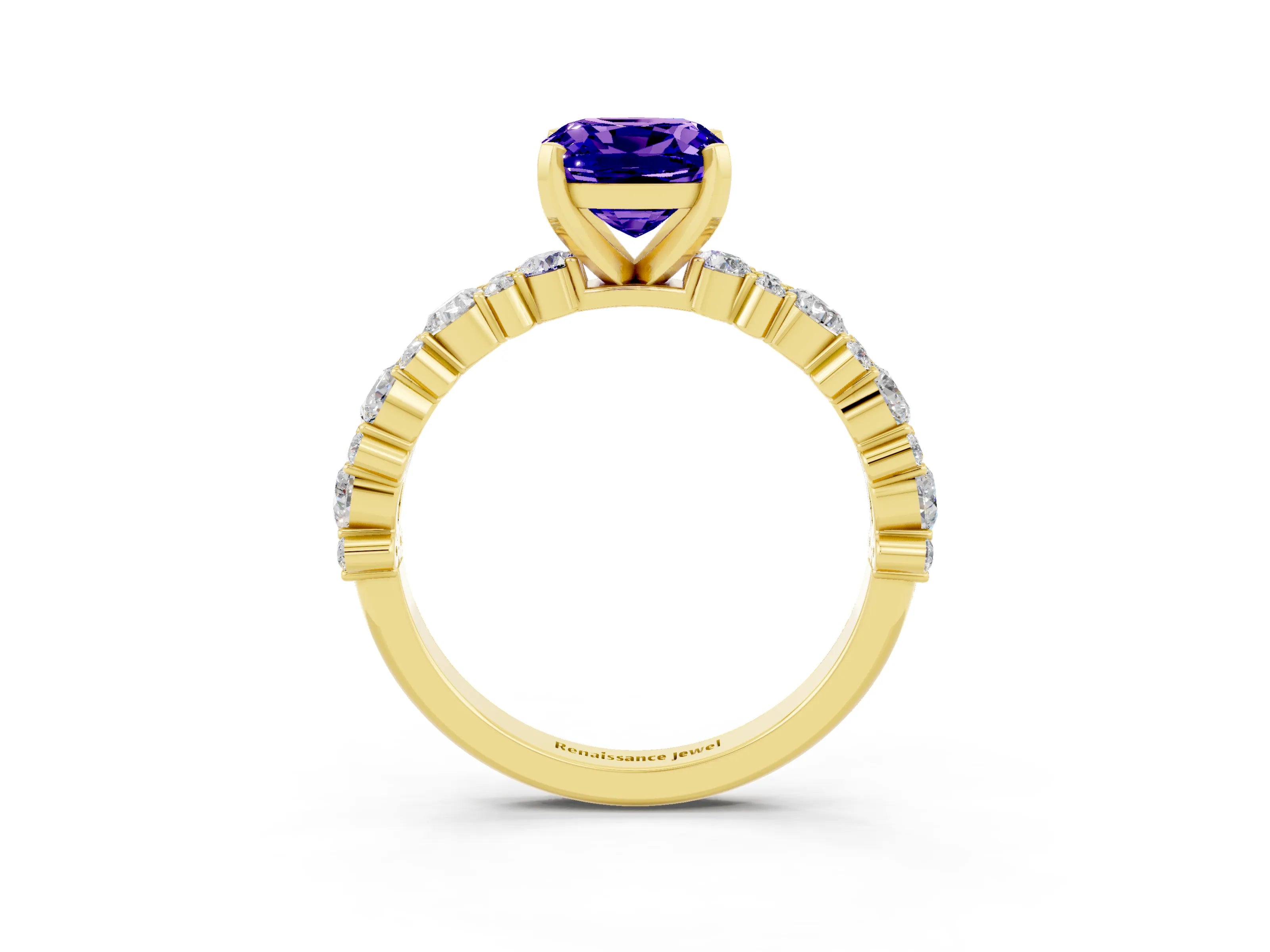 Yellow gold Cushion Cut Tanzanite Solitaire with Side Stones, Pave Band, Four-Prong Setting_39