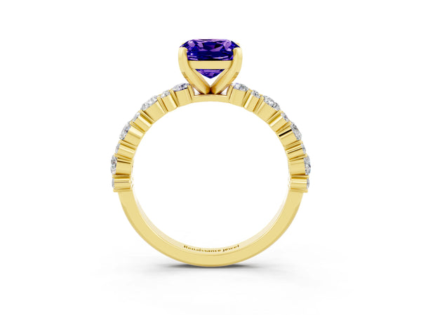 Yellow gold Cushion Cut Tanzanite Side Stone Solitaire Ring with Round  and Four-Prong Setting