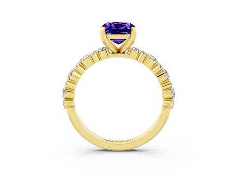 Yellow gold Cushion Cut Tanzanite Solitaire with Side Stones, Pave Band, Four-Prong Setting_39