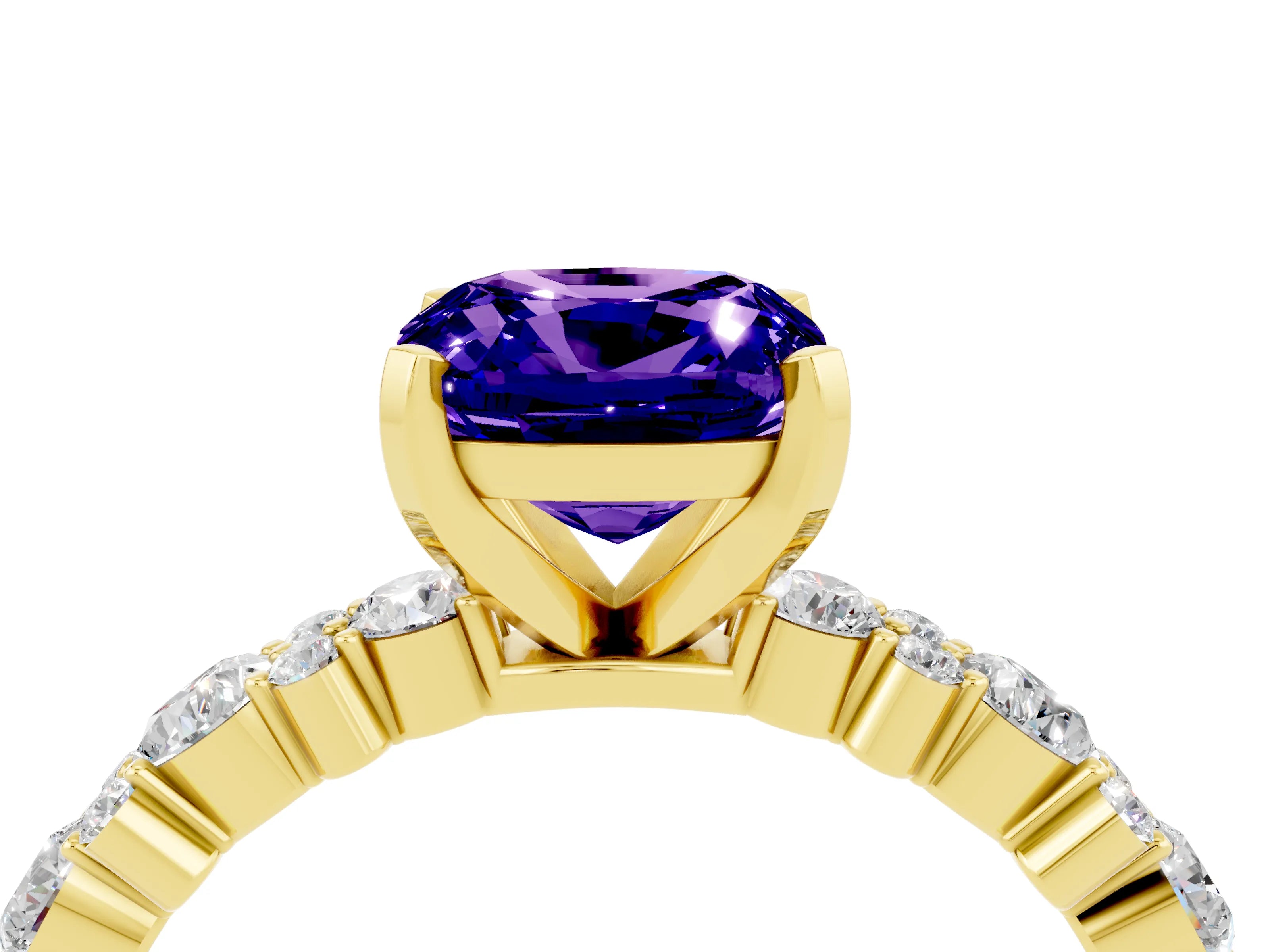 Yellow gold Cushion Cut Tanzanite Solitaire with Side Stones, Pave Band, Four-Prong Setting_40