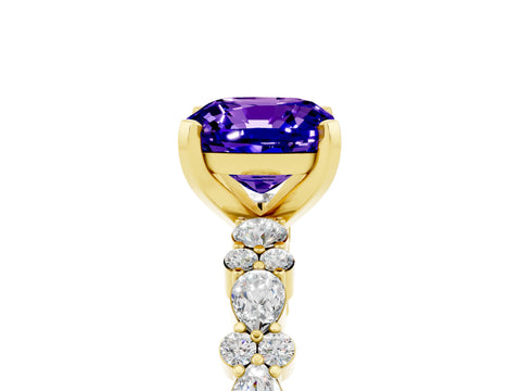 Yellow gold Cushion Cut Tanzanite Solitaire with Side Stones, Pave Band, Four-Prong Setting_41