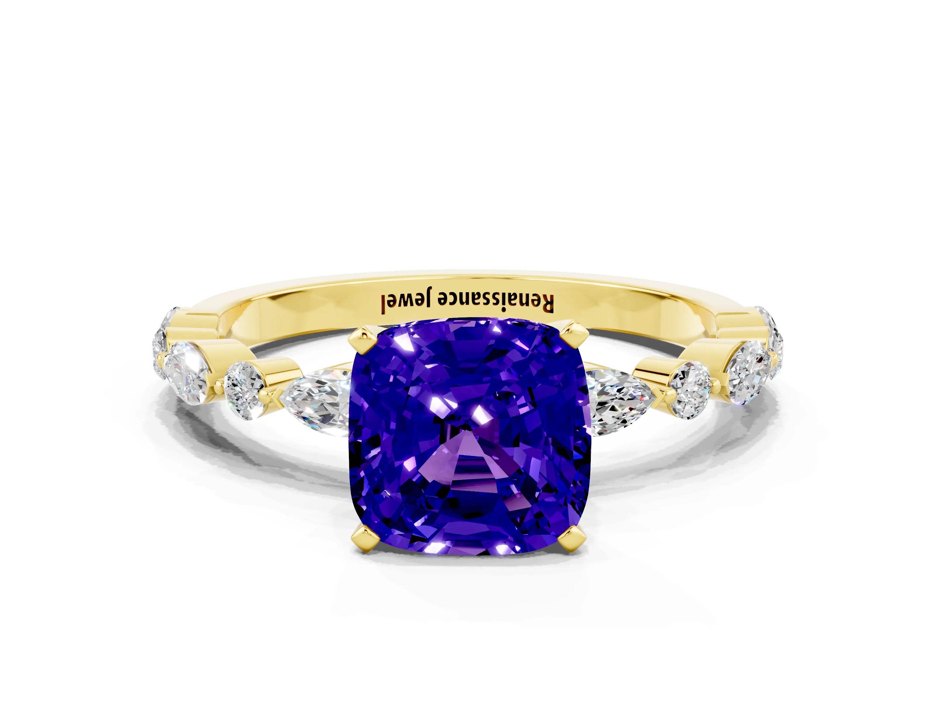 Yellow gold Cushion Cut Tanzanite Solitaire with Side Stones on a Pavé Band and Four-Prong Setting