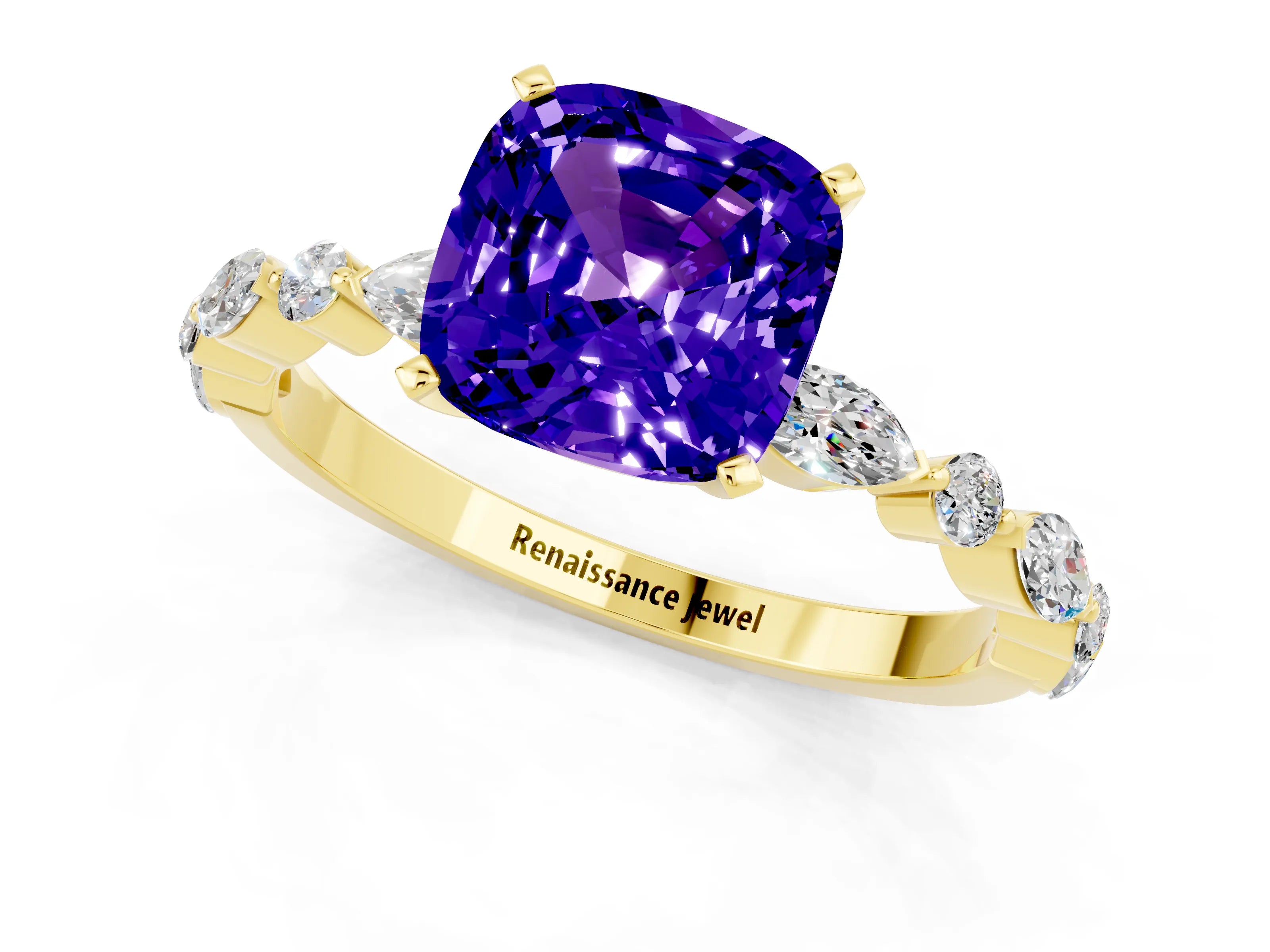 Yellow gold Cushion Cut Tanzanite Solitaire with Side Stones on a Pavé Band and Four-Prong Setting_1