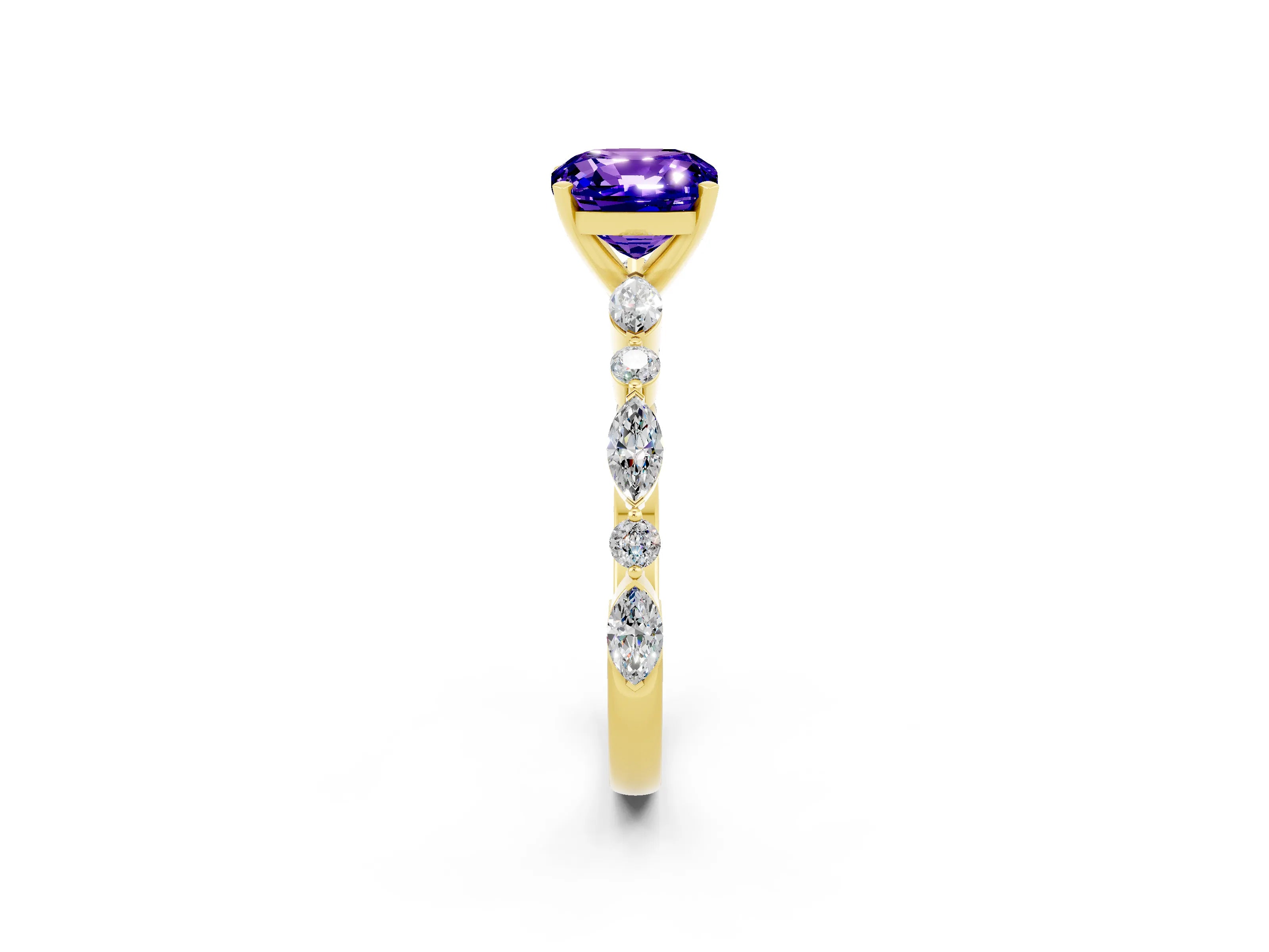 Yellow gold Cushion Cut Tanzanite Solitaire with Side Stones on a Pavé Band and Four-Prong Setting_2