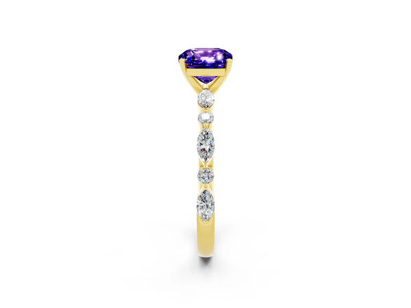 Yellow gold Cushion Cut Tanzanite Ring with Marquise and Round  Side Stones and Four-Prong Setting