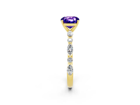 Yellow gold Cushion Cut Tanzanite Solitaire with Side Stones on a Pavé Band and Four-Prong Setting_2