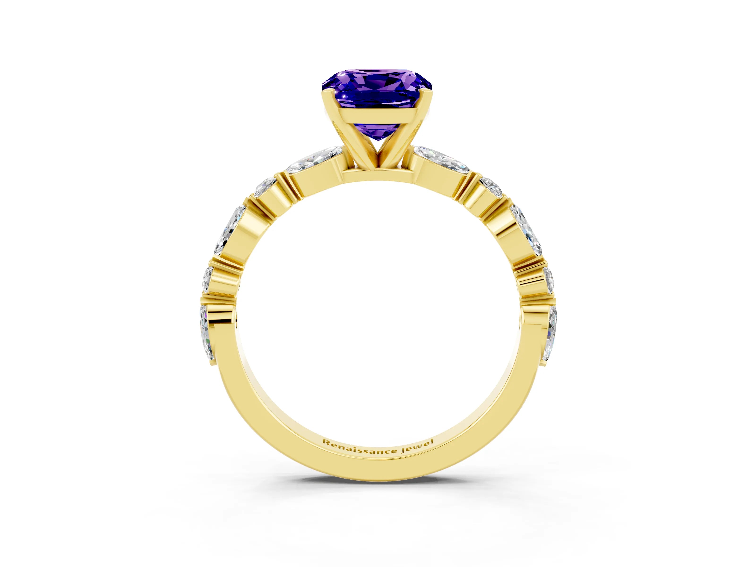 Yellow gold Cushion Cut Tanzanite Solitaire with Side Stones on a Pavé Band and Four-Prong Setting_3