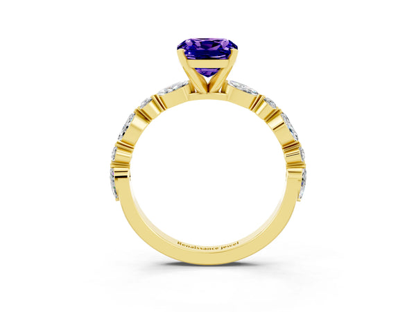 Yellow gold Cushion Cut Tanzanite Ring with Marquise and Round  Side Stones and Four-Prong Setting