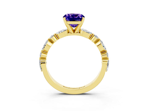 Yellow gold Cushion Cut Tanzanite Solitaire with Side Stones on a Pavé Band and Four-Prong Setting_3