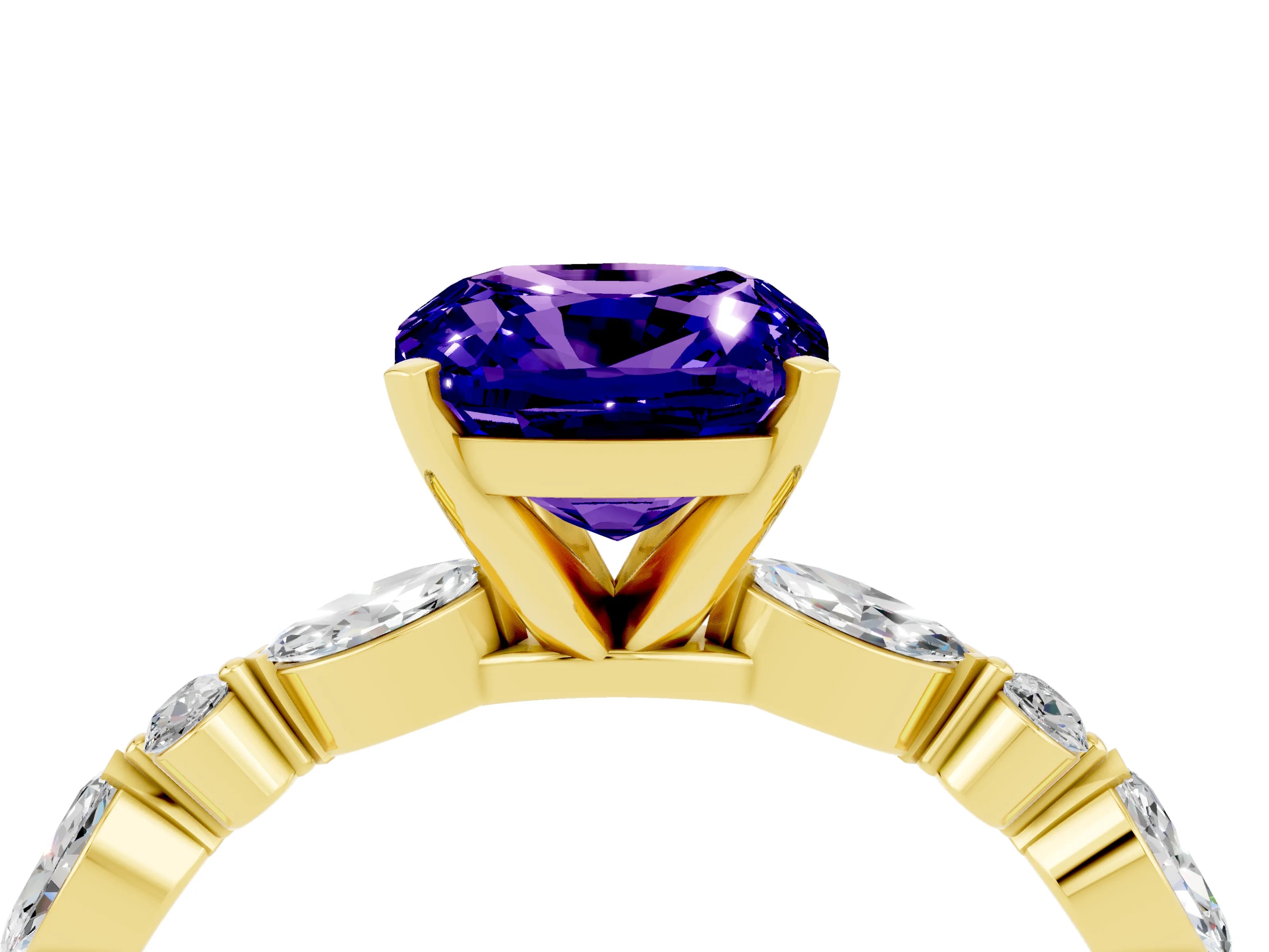 Yellow gold Cushion Cut Tanzanite Solitaire with Side Stones on a Pavé Band and Four-Prong Setting_4