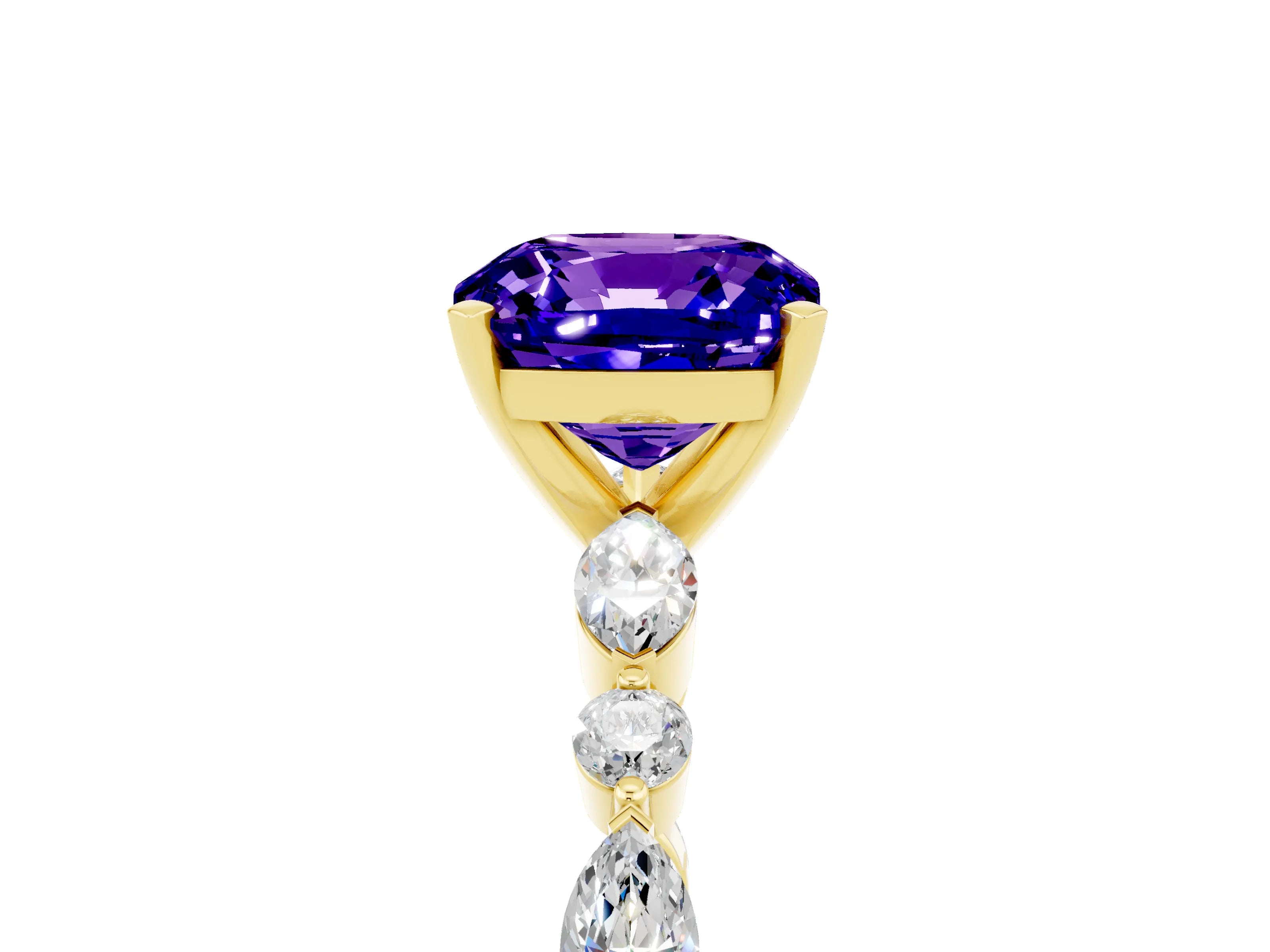 Yellow gold Cushion Cut Tanzanite Solitaire with Side Stones on a Pavé Band and Four-Prong Setting_5