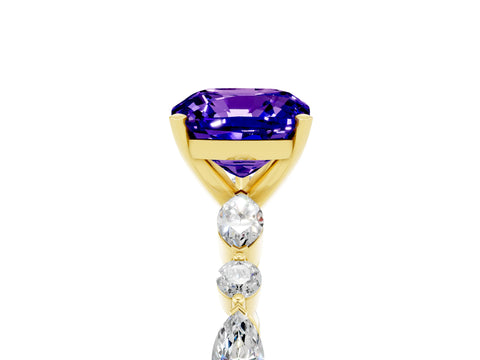 Yellow gold Cushion Cut Tanzanite Solitaire with Side Stones on a Pavé Band and Four-Prong Setting_5