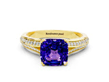 Yellow gold Cushion Cut Tanzanite Split Shank Engagement Ring with Pavé Band