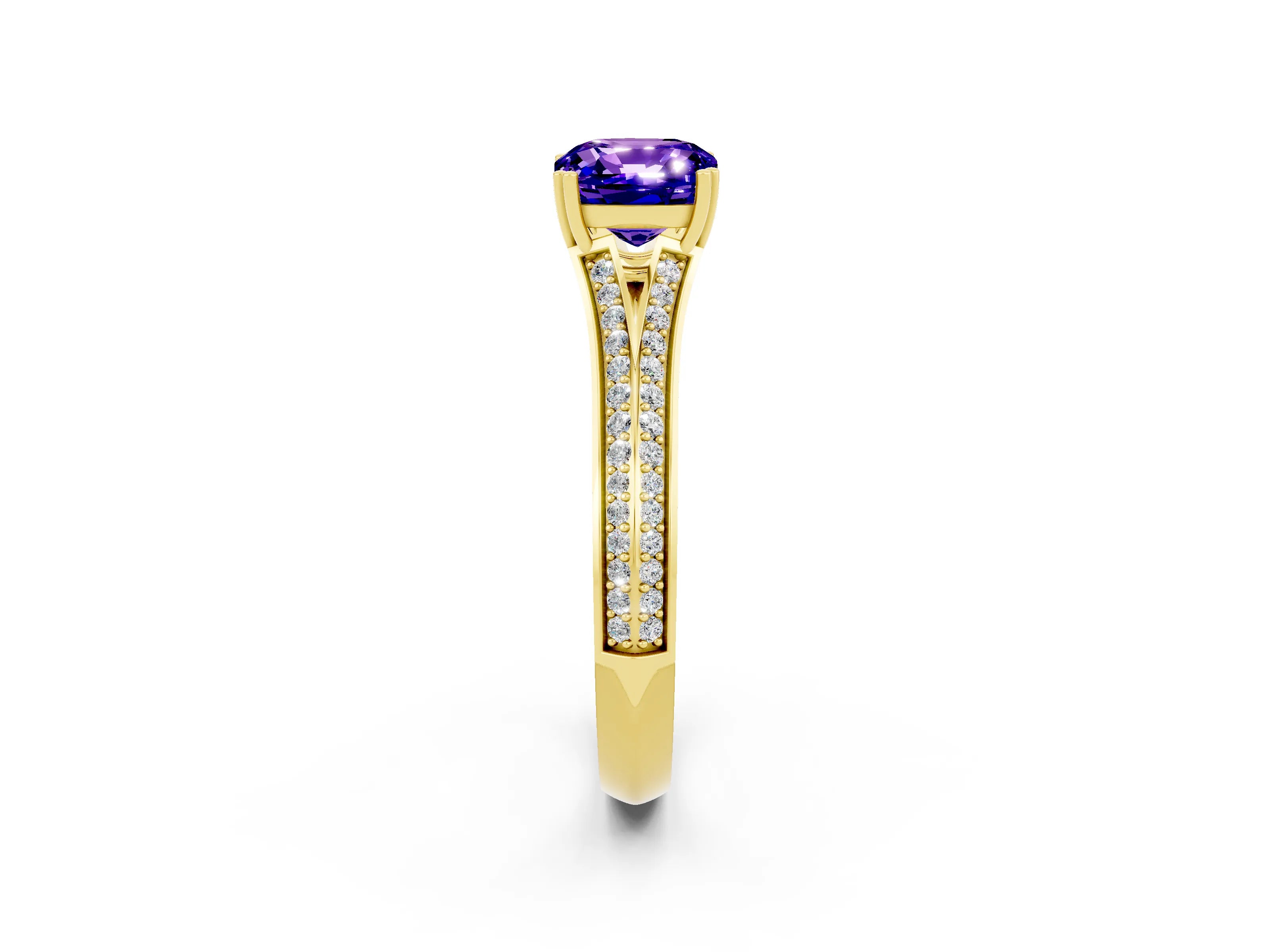 Yellow gold Cushion Cut Tanzanite Split Shank Engagement Ring with Pavé Band_2