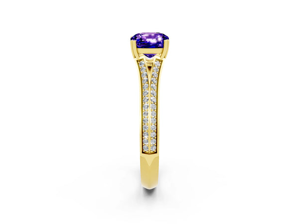 Yellow gold Cushion Cut Tanzanite Split Shank Engagement Ring with Pavé Band