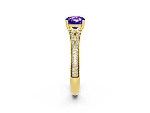 Yellow gold Cushion Cut Tanzanite Split Shank Engagement Ring with Pavé Band_2