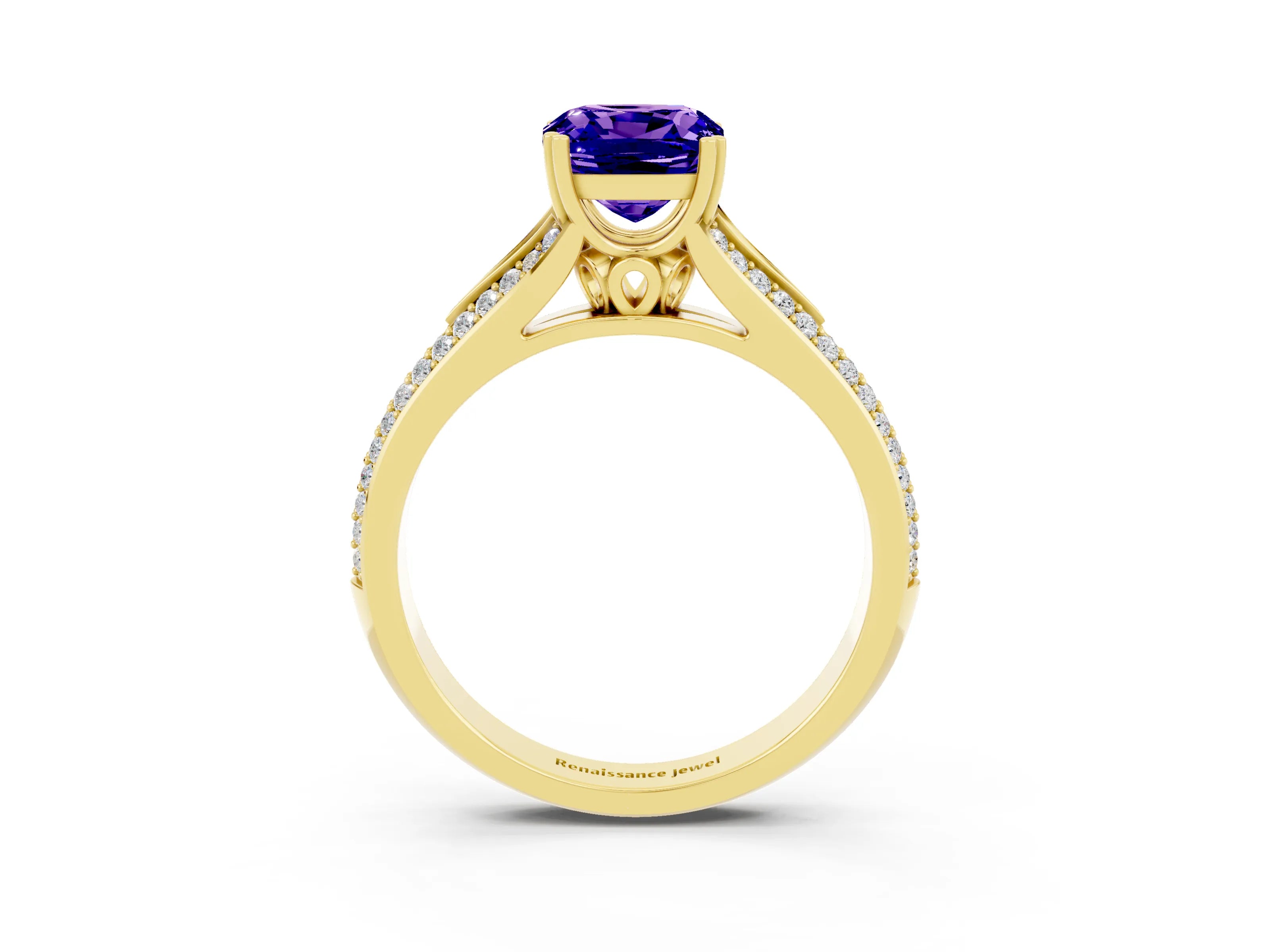 Yellow gold Cushion Cut Tanzanite Split Shank Engagement Ring with Pavé Band_3