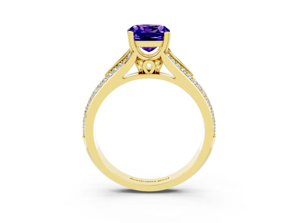 Yellow gold Cushion Cut Tanzanite Split Shank Engagement Ring with Pavé Band