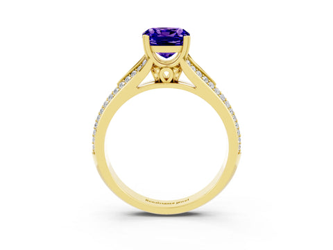 Yellow gold Cushion Cut Tanzanite Split Shank Engagement Ring with Pavé Band_3