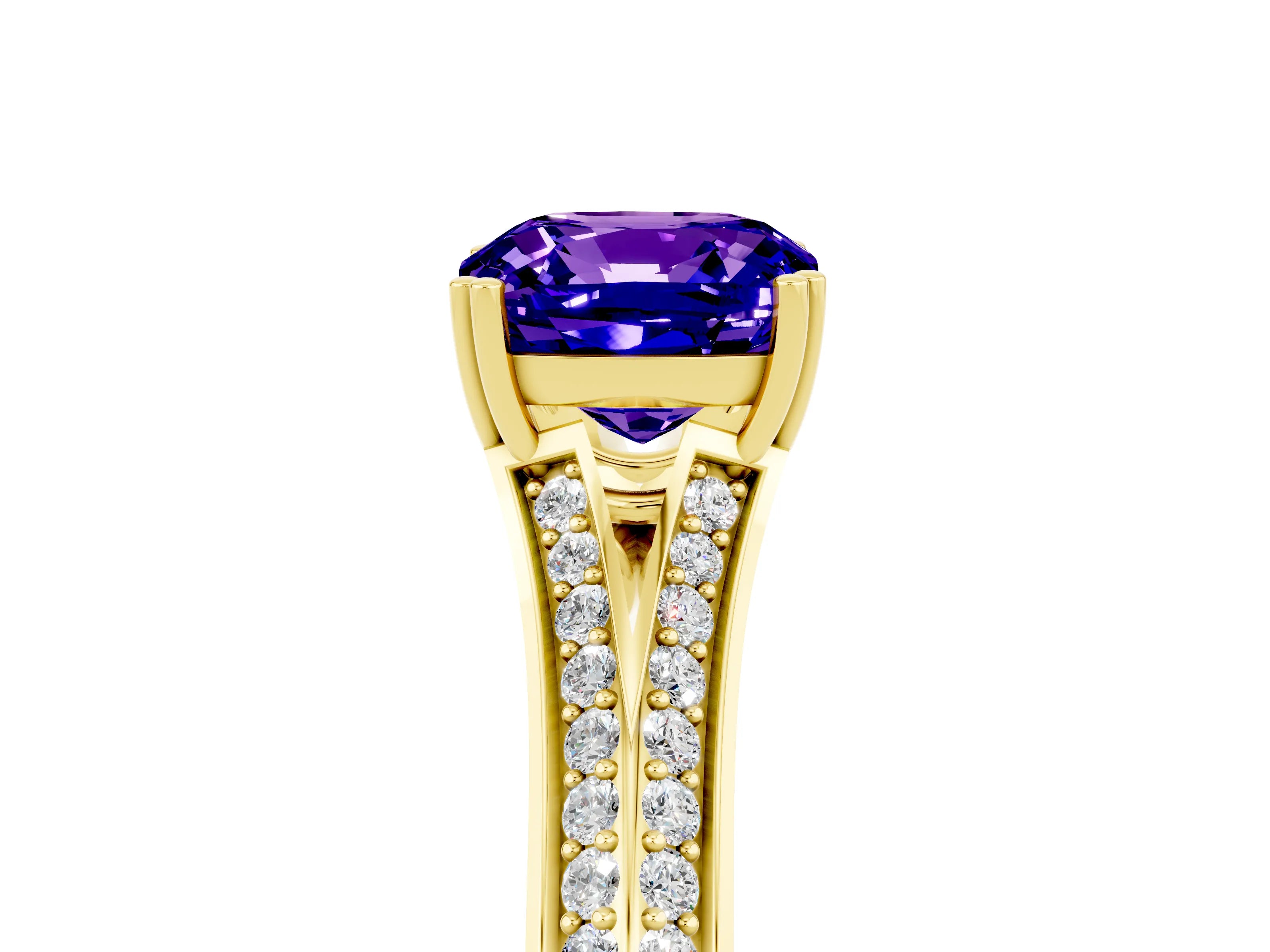 Yellow gold Cushion Cut Tanzanite Split Shank Engagement Ring with Pavé Band_5
