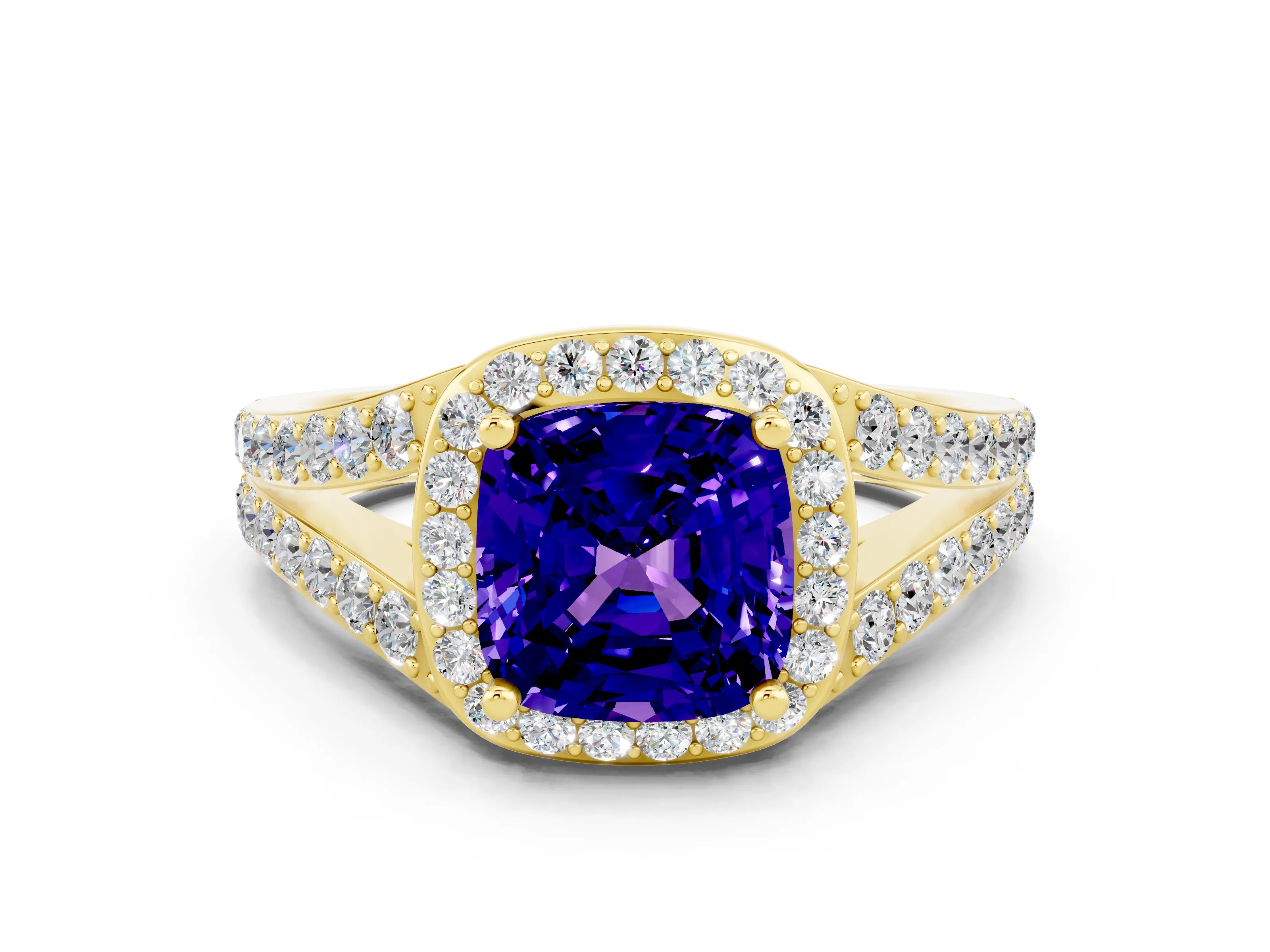 Yellow gold Cushion Cut Tanzanite Split Shank Halo Ring with Four-Prong Setting_12