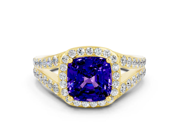Yellow gold Cushion Cut Tanzanite Split Shank Halo Ring with Four-Prong Setting