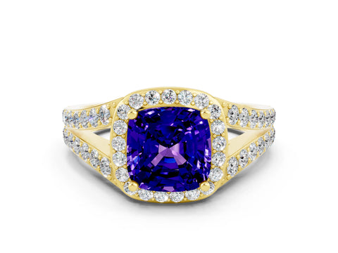 Yellow gold Cushion Cut Tanzanite Split Shank Halo Ring with Four-Prong Setting_12