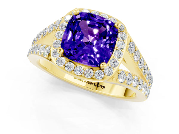 Yellow gold Cushion Cut Tanzanite Split Shank Halo Ring with Four-Prong Setting