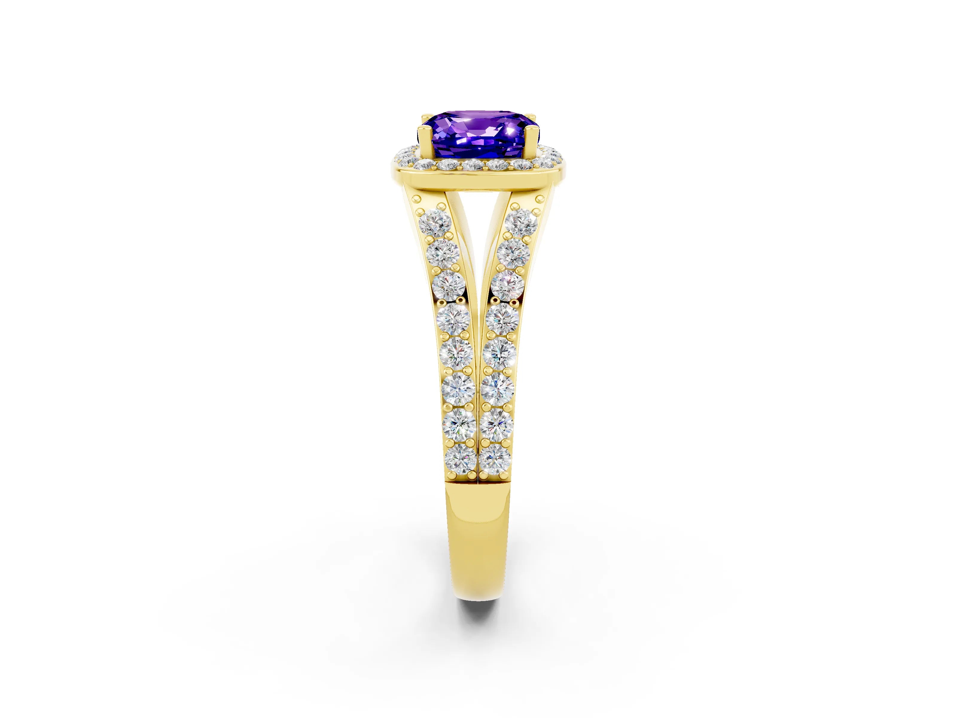 Yellow gold Cushion Cut Tanzanite Split Shank Halo Ring with Four-Prong Setting_14