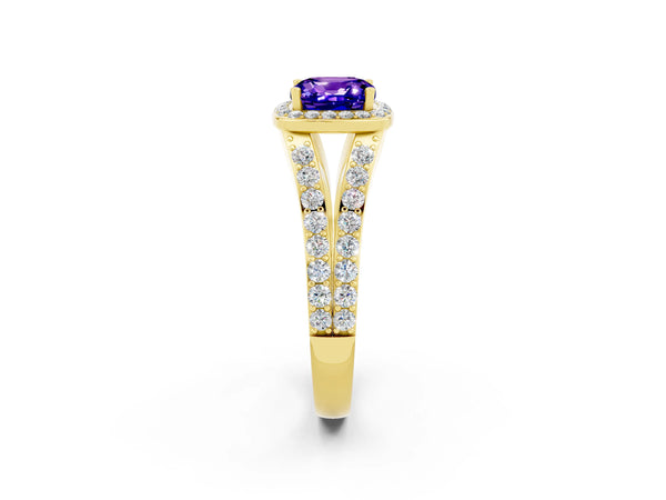 Yellow gold Cushion Cut Tanzanite Split Shank Halo Ring with Four-Prong Setting