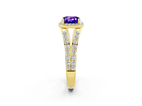Yellow gold Cushion Cut Tanzanite Split Shank Halo Ring with Four-Prong Setting_14