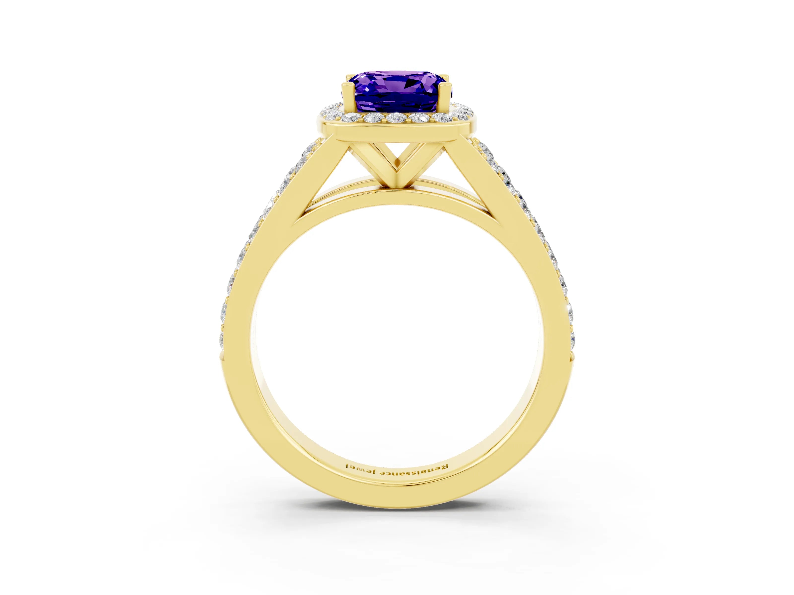 Yellow gold Cushion Cut Tanzanite Split Shank Halo Ring with Four-Prong Setting_15
