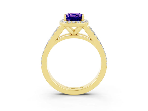 Yellow gold Cushion Cut Tanzanite Split Shank Halo Ring with Four-Prong Setting