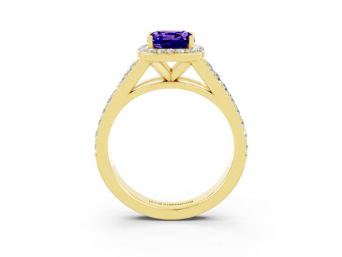 Yellow gold Cushion Cut Tanzanite Split Shank Halo Ring with Four-Prong Setting_15