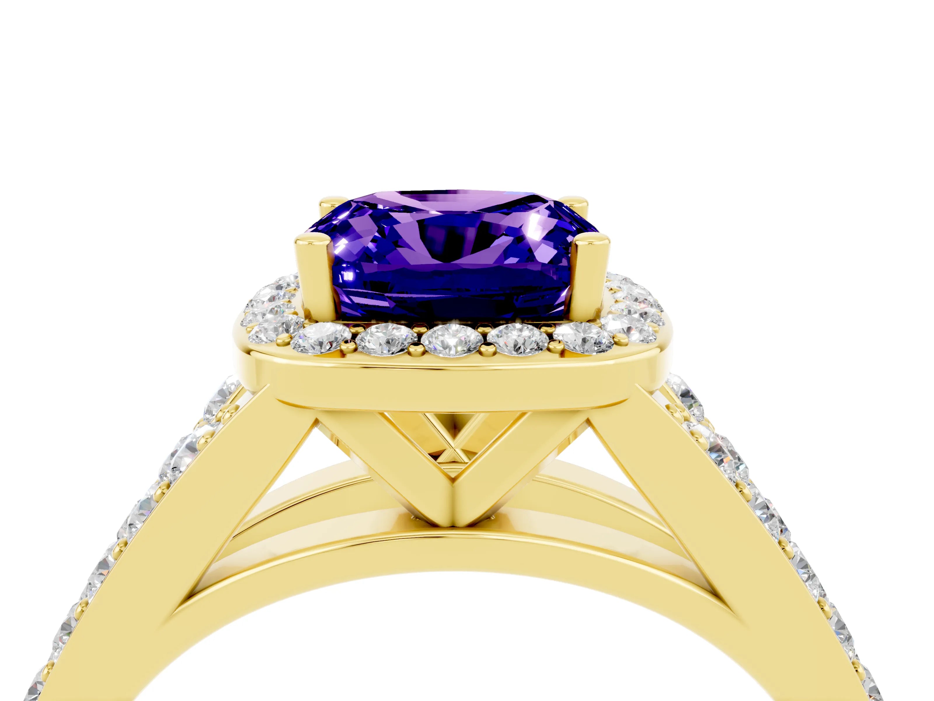 Yellow gold Cushion Cut Tanzanite Split Shank Halo Ring with Four-Prong Setting_16