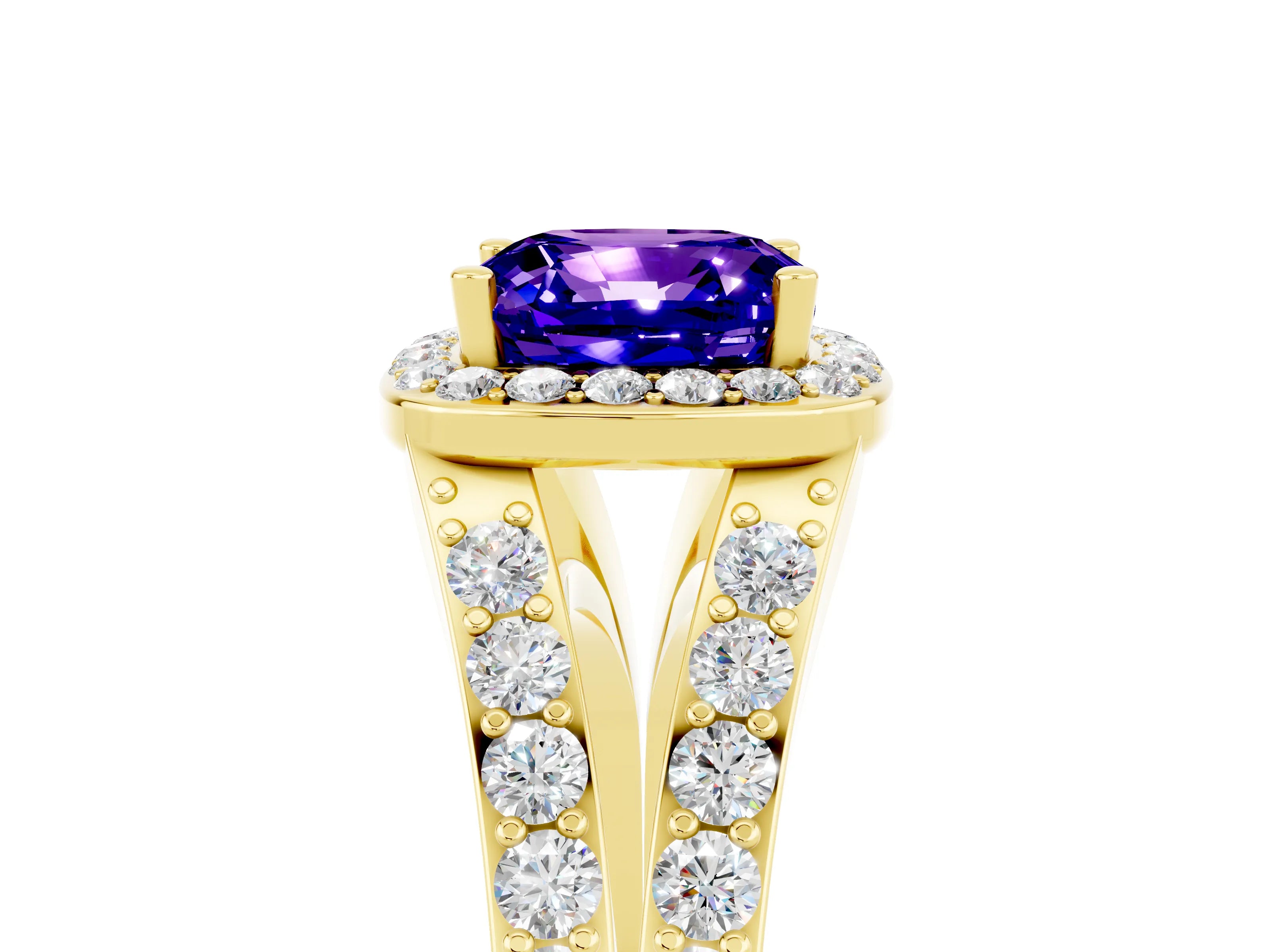 Yellow gold Cushion Cut Tanzanite Split Shank Halo Ring with Four-Prong Setting_17