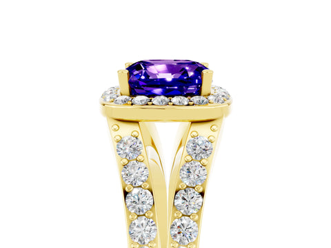 Yellow gold Cushion Cut Tanzanite Split Shank Halo Ring with Four-Prong Setting_17