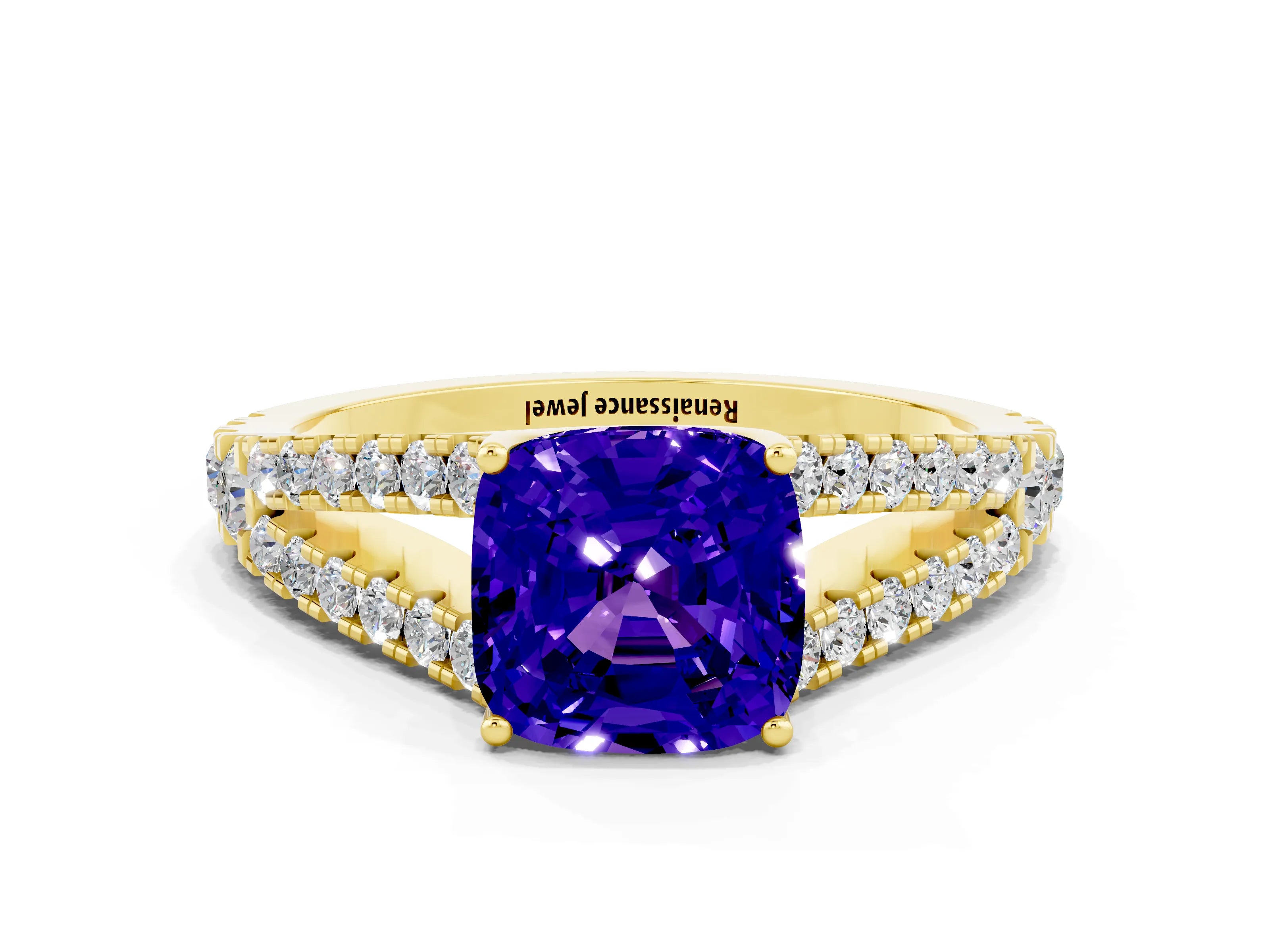 Yellow gold Cushion Cut Tanzanite Split Shank Pavé Engagement Ring with Four-Prong Setting_12