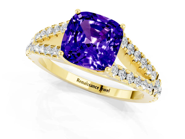 Yellow gold Cushion Cut Tanzanite Split Shank Pavé Engagement Ring with Four-Prong Setting